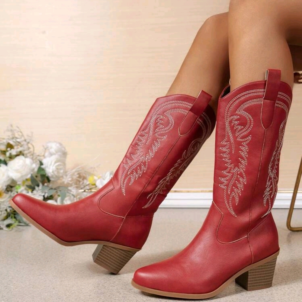 Red Heeled Boots with Embroidered Design